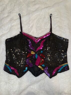 Vintage Frank Usher Beaded Sequin Bustier Silk-Lined Top